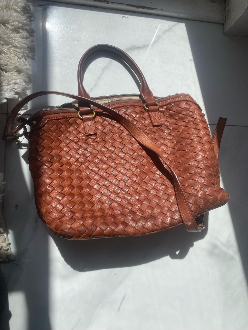 Woven Leather Satchel Handbag in Chestnut Brown - Picture 5 of 5